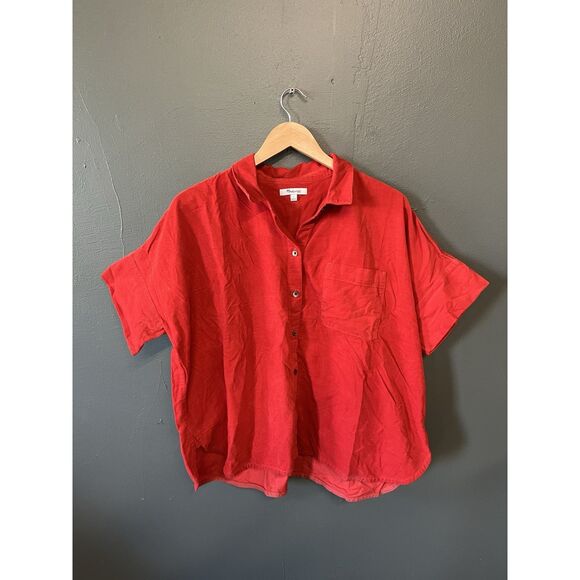 Madewell Womens Red Corduroy Short Sleeve Button Up Shirt Size Large - Picture 1 of 3